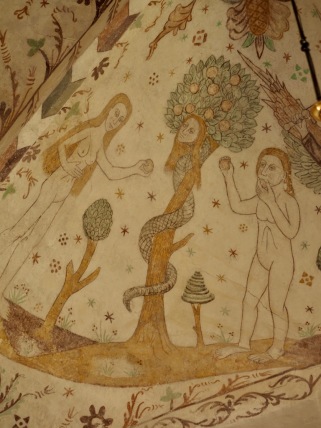 Adam et Eve mangent le fruit de l'arbre, église d'Emelunde, île de Møn